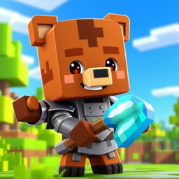 An animated brown bear character designed in the Minecraft style, equipped with a shiny diamond pickaxe and wearing sleek iron armor