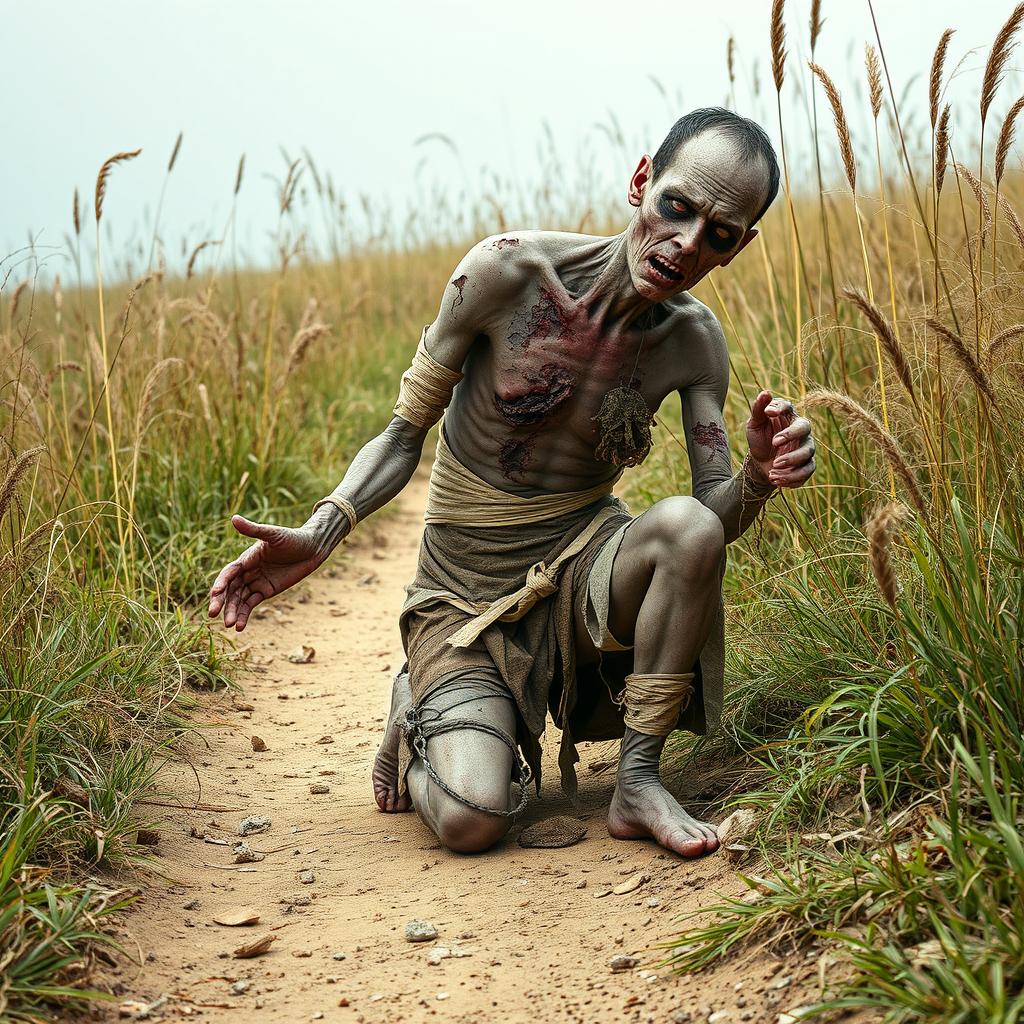 A full body image of a one-armed zombie peasant on the side of a dirt path, struggling to pull itself together with frayed bandages