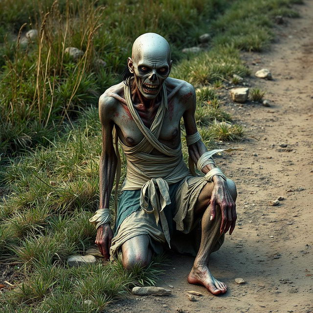 A full body image of a one-armed zombie peasant on the side of a dirt path, struggling to pull itself together with frayed bandages