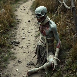 A full body image of a one-armed zombie peasant on the side of a dirt path, struggling to pull itself together with frayed bandages