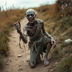 A full body image of a one-armed zombie peasant on the side of a dirt path, struggling to pull itself together with frayed bandages