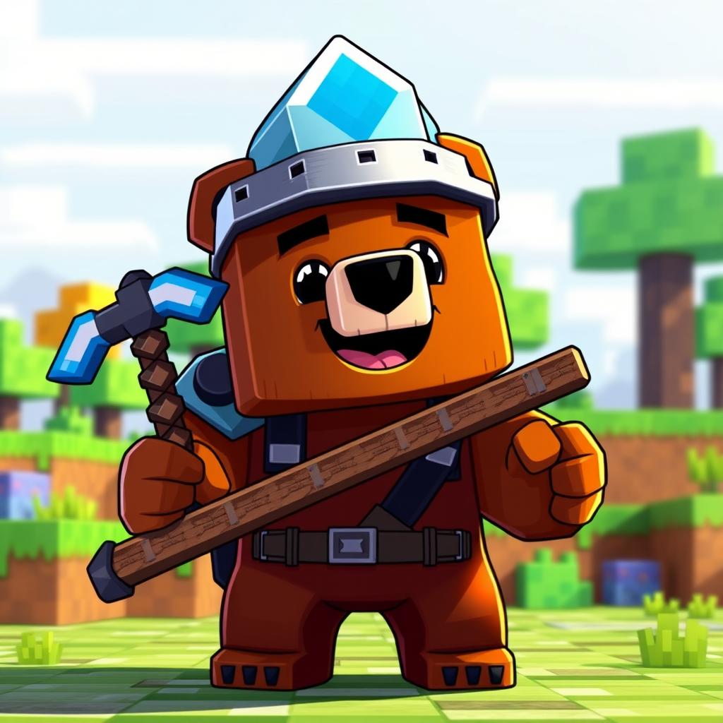 An animated brown bear character in the Minecraft style, holding a shiny diamond pickaxe and wearing a blocky iron helmet as part of its armor