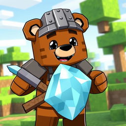 An animated brown bear character in the Minecraft style, holding a shiny diamond pickaxe and wearing a blocky iron helmet as part of its armor