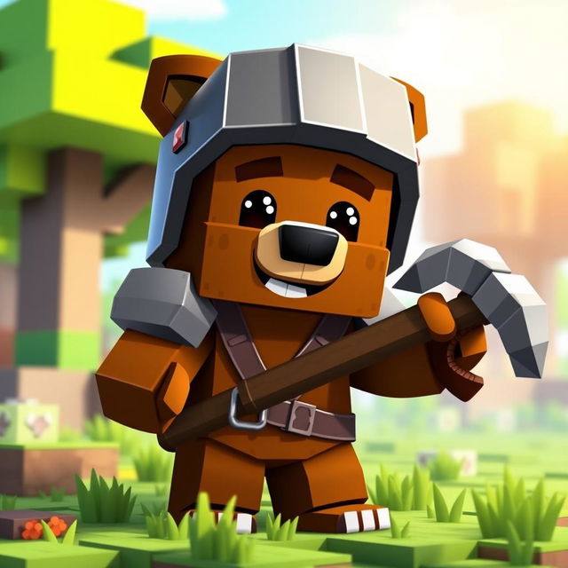 An animated brown bear character in the Minecraft style, holding a shiny diamond pickaxe and wearing a blocky iron helmet as part of its armor