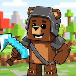 An animated brown bear character in the Minecraft style, holding a shiny diamond pickaxe and wearing a blocky iron helmet as part of its armor