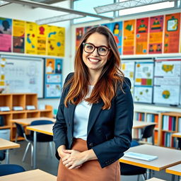 A female teacher from Luxembourg, standing in a modern classroom filled with colorful educational posters