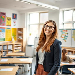 A female teacher from Luxembourg, standing in a modern classroom filled with colorful educational posters