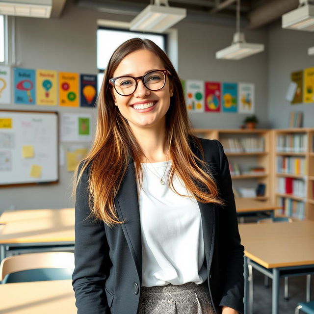 A female teacher from Luxembourg, standing in a modern classroom filled with colorful educational posters