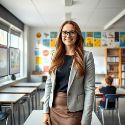 A female teacher from Luxembourg, standing in a modern classroom filled with colorful educational posters