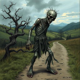 A fantasy drawing of a full body image of a one-armed zombie peasant on the side of a dirt path, struggling to pull itself together with frayed bandages