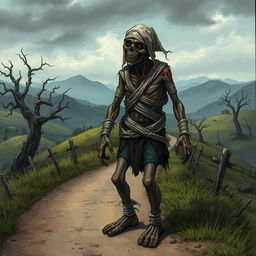 A fantasy drawing of a full body image of a one-armed zombie peasant on the side of a dirt path, struggling to pull itself together with frayed bandages