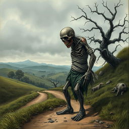 A fantasy drawing of a full body image of a one-armed zombie peasant on the side of a dirt path, struggling to pull itself together with frayed bandages