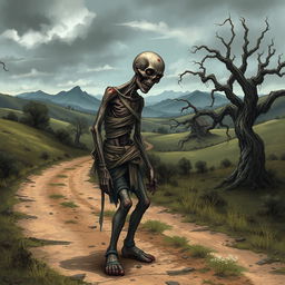 A fantasy drawing of a full body image of a one-armed zombie peasant on the side of a dirt path, struggling to pull itself together with frayed bandages