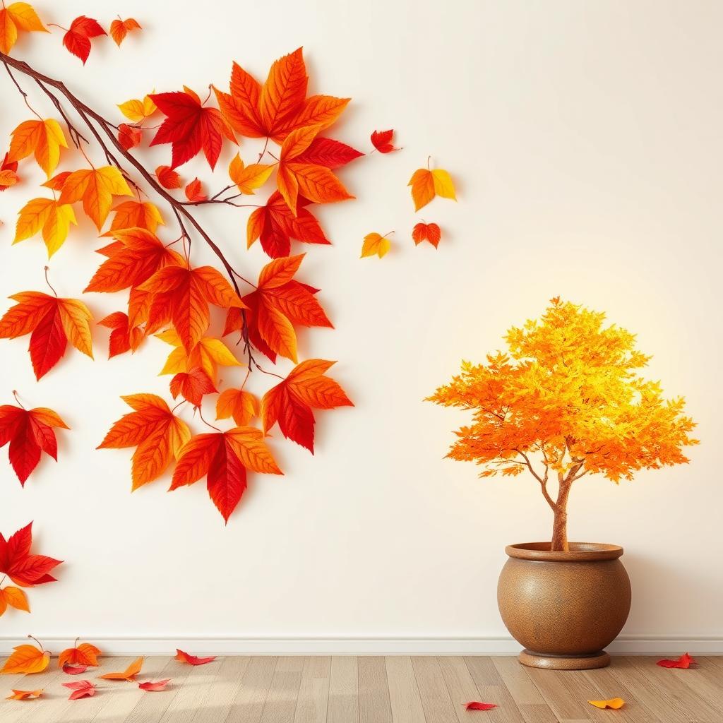 A beautiful light wallpaper design featuring one side adorned with a vibrant display of bright autumn leaves in various shades of red, orange, and yellow