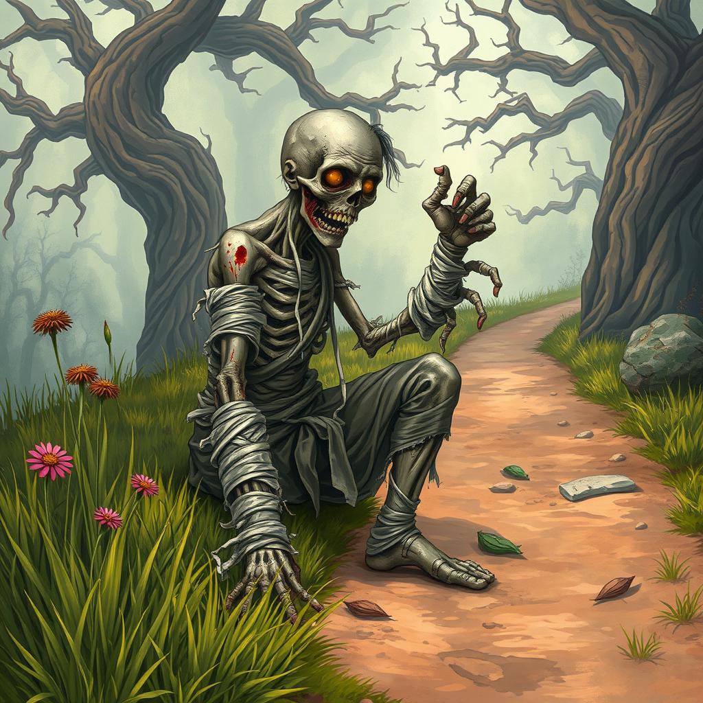 A fantasy drawing of a one-armed zombie peasant on the side of a dirt path, struggling to pull itself together with frayed, tattered bandages