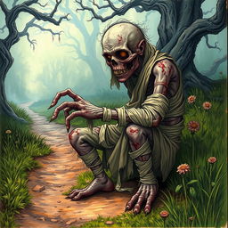 A fantasy drawing of a one-armed zombie peasant on the side of a dirt path, struggling to pull itself together with frayed, tattered bandages