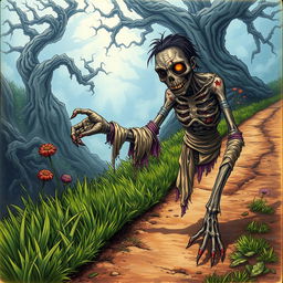 A fantasy drawing of a one-armed zombie peasant on the side of a dirt path, struggling to pull itself together with frayed, tattered bandages