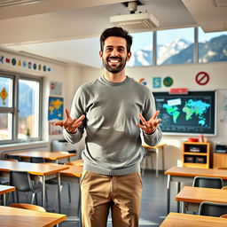 A male teacher from Switzerland, standing in a vibrant classroom decorated with educational posters and a world map