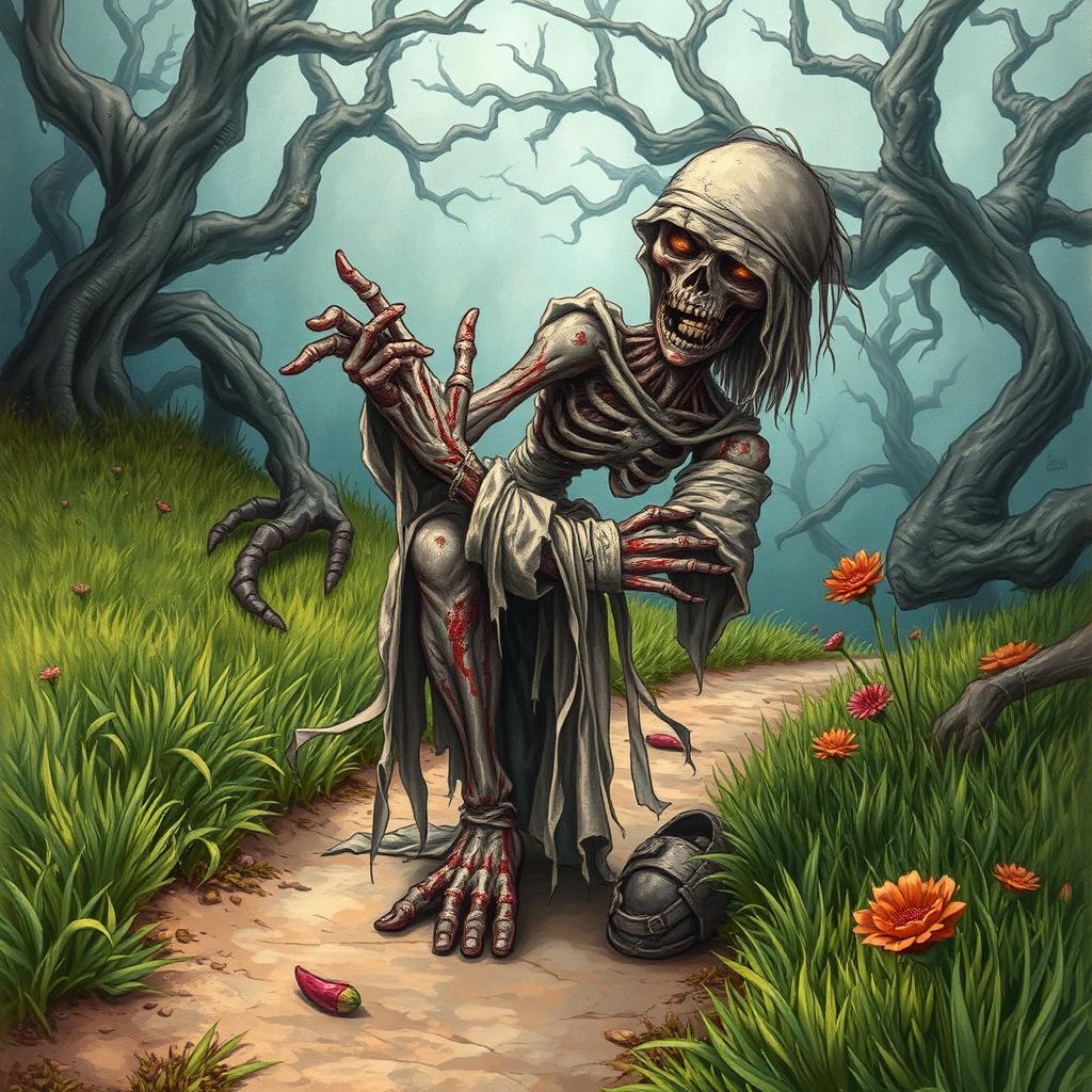 A fantasy drawing of a one-armed zombie peasant on the side of a dirt path, struggling to pull itself together with frayed, tattered bandages