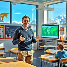 A male teacher from Switzerland, standing in a vibrant classroom decorated with educational posters and a world map