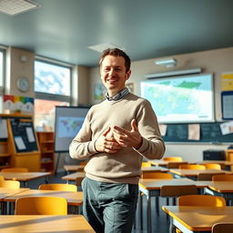 A male teacher from Switzerland, standing in a vibrant classroom decorated with educational posters and a world map