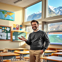 A male teacher from Switzerland, standing in a vibrant classroom decorated with educational posters and a world map