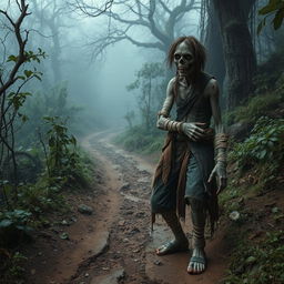 A fantasy setting featuring a one-armed zombie peasant on the side of a rough dirt path