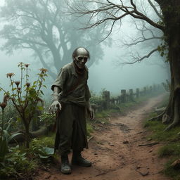 A fantasy setting featuring a one-armed zombie peasant on the side of a rough dirt path