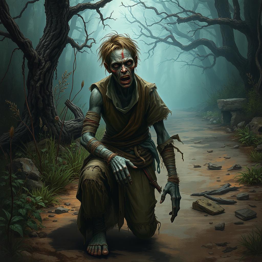 A fantasy scene depicting a one-armed zombie peasant on the side of a rugged dirt path