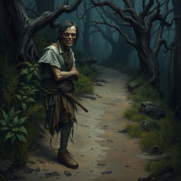 A fantasy scene depicting a one-armed zombie peasant on the side of a rugged dirt path