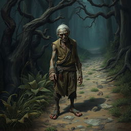 A fantasy scene depicting a one-armed zombie peasant on the side of a rugged dirt path