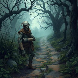 A fantasy scene depicting a one-armed zombie peasant on the side of a rugged dirt path