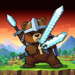 An epic brown bear wielding a diamond sword, wearing a knight's armor helmet