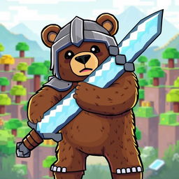 An epic brown bear wielding a diamond sword, wearing a knight's armor helmet