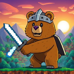 An epic brown bear wielding a diamond sword, wearing a knight's armor helmet