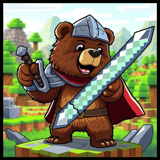 An epic brown bear wielding a diamond sword, wearing a knight's armor helmet