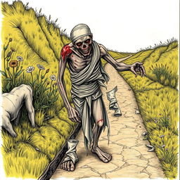 A drawing of a zombie peasant with one arm, positioned on the side of a dirt road, struggling to pull itself together with tattered bandages