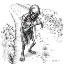 A drawing of a zombie peasant with one arm, positioned on the side of a dirt road, struggling to pull itself together with tattered bandages