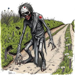 A drawing of a zombie peasant with one arm, positioned on the side of a dirt road, struggling to pull itself together with tattered bandages