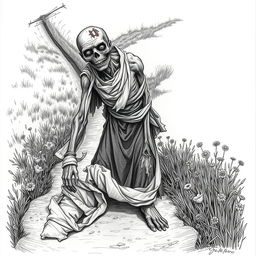 A drawing of a zombie peasant with one arm, positioned on the side of a dirt road, struggling to pull itself together with tattered bandages