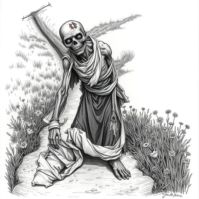 A drawing of a zombie peasant with one arm, positioned on the side of a dirt road, struggling to pull itself together with tattered bandages