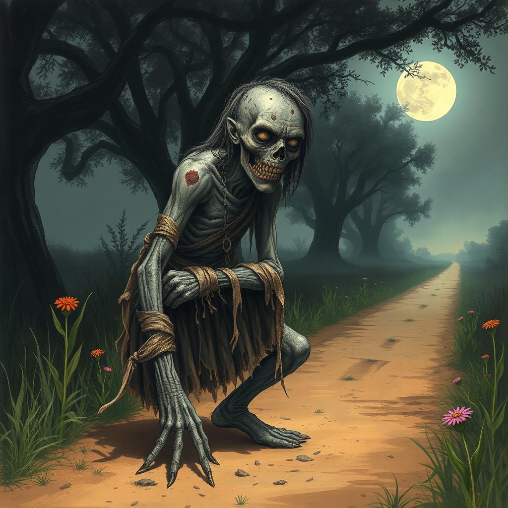 A fantasy drawing of a zombie peasant with one arm, positioned on the side of a dirt road, struggling to pull itself together with frayed, dirty bandages