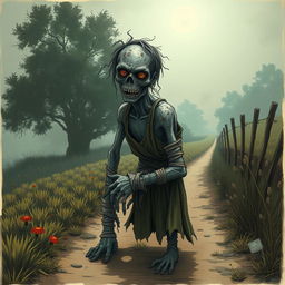 A fantasy drawing of a zombie peasant with one arm, positioned on the side of a dirt road, struggling to pull itself together with frayed, dirty bandages