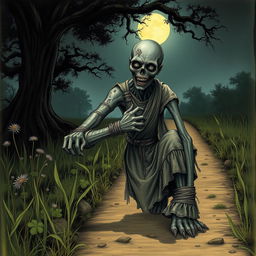 A fantasy drawing of a zombie peasant with one arm, positioned on the side of a dirt road, struggling to pull itself together with frayed, dirty bandages