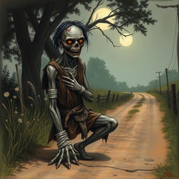 A fantasy drawing of a zombie peasant with one arm, positioned on the side of a dirt road, struggling to pull itself together with frayed, dirty bandages