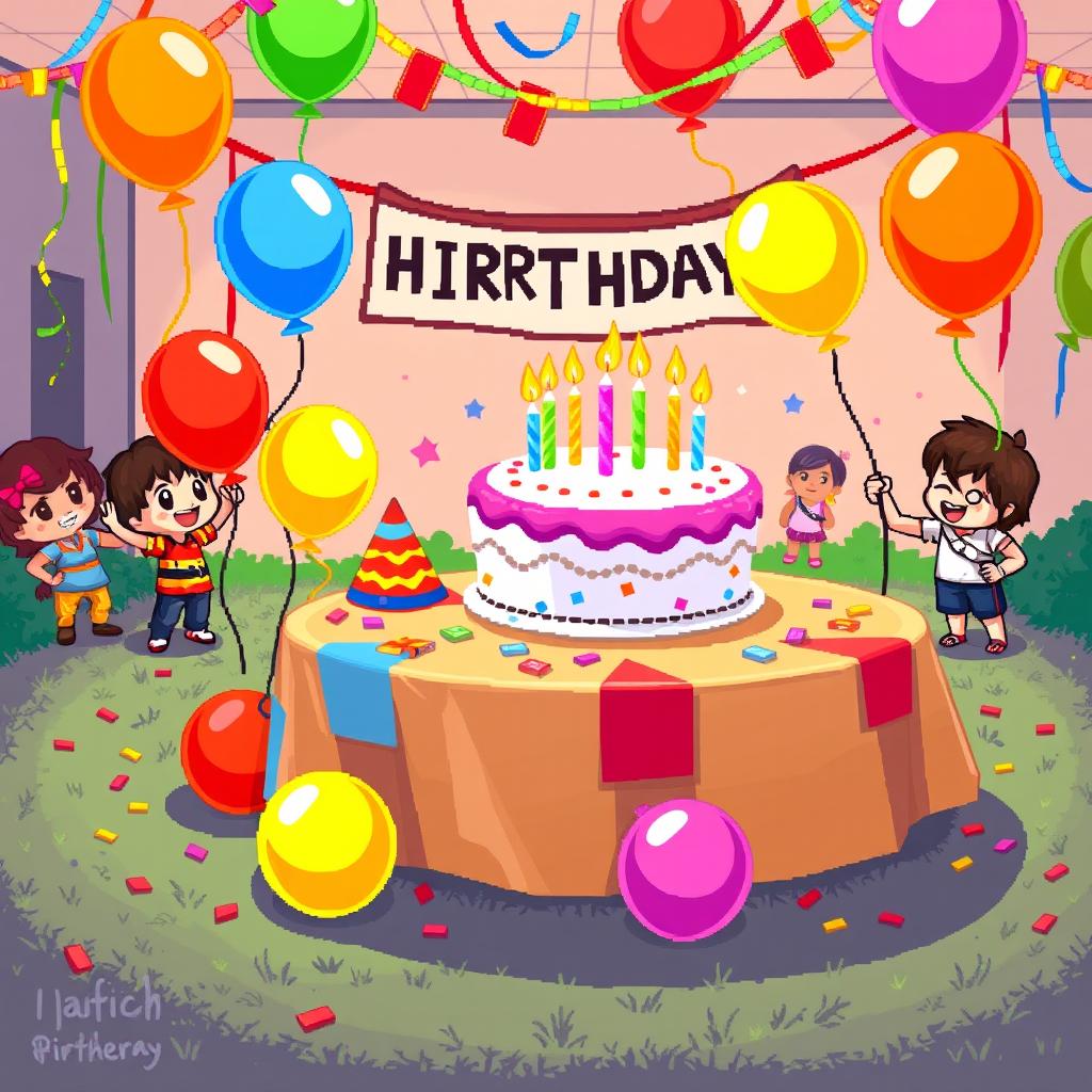 A vibrant pixel art scene depicting a cheerful birthday party, featuring a colorful table with a large birthday cake adorned with candles, surrounded by balloons in various bright colors like red, blue, yellow, and green