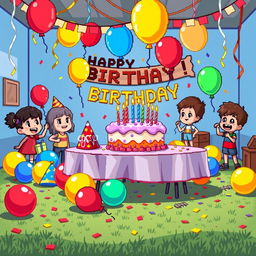 A vibrant pixel art scene depicting a cheerful birthday party, featuring a colorful table with a large birthday cake adorned with candles, surrounded by balloons in various bright colors like red, blue, yellow, and green