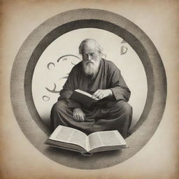 Create an image of a philosopher lost in thought, with a book in his hand. Surround him with abstract shapes or simple religious symbols, subtly hinting at the influence of religion.