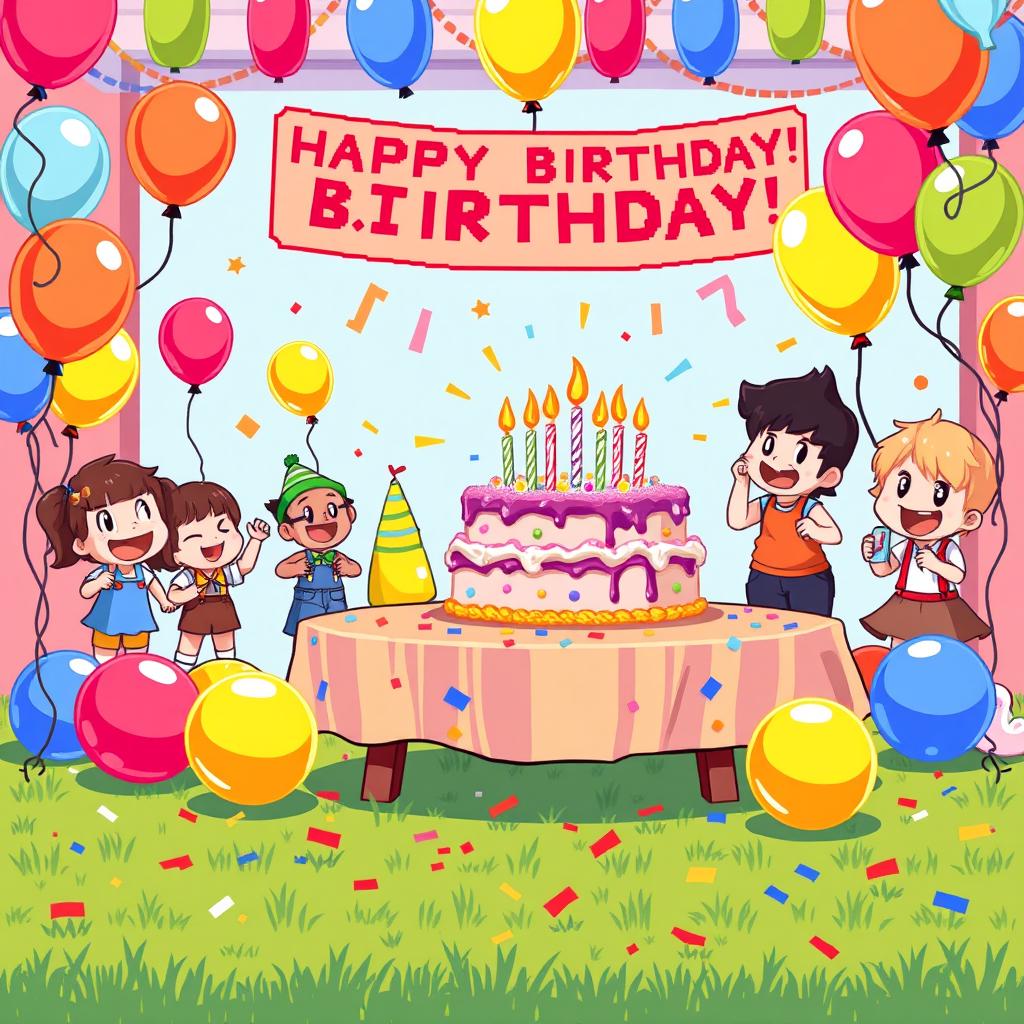 A vibrant pixel art scene depicting a cheerful birthday party, featuring a colorful table with a large birthday cake adorned with candles, surrounded by balloons in various bright colors like red, blue, yellow, and green