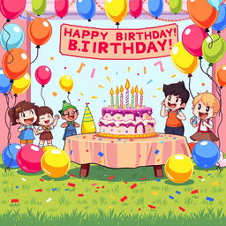 A vibrant pixel art scene depicting a cheerful birthday party, featuring a colorful table with a large birthday cake adorned with candles, surrounded by balloons in various bright colors like red, blue, yellow, and green